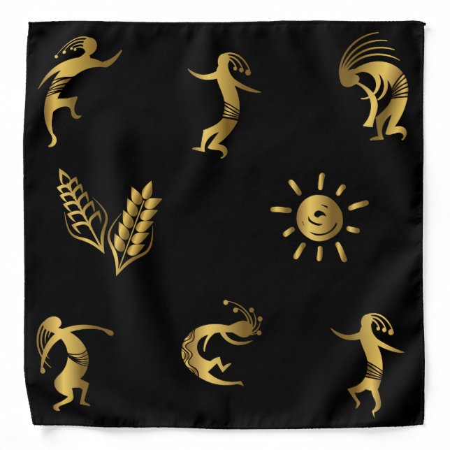 Black and Gold Dancing Kokopellis Bandana (Front)