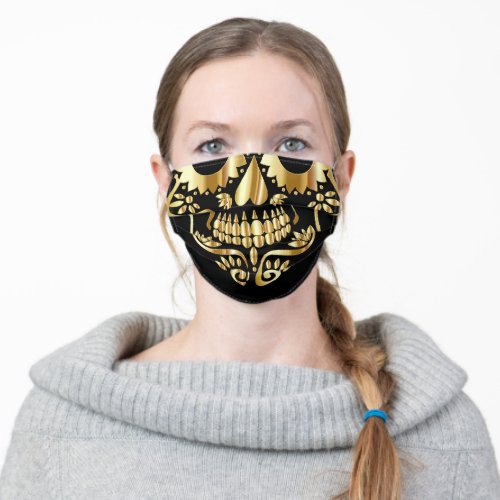 black and gold day of the dead sugar skull adult cloth face mask