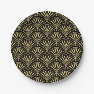 Black and Gold Deco Fan Pattern Paper Plates