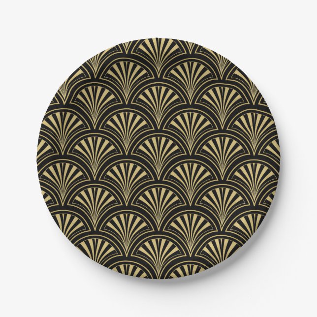 Black and Gold Deco Fan Pattern Paper Plates (Front)