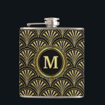 Black and Gold Deco Fans Monogram Hip Flask<br><div class="desc">A black and gold art deco fans pattern embellished with a matching monogram medallion makes a unique gift for friends, family, the bridal party and more. Customize with your desired initial by replacing the sample initial shown in the design template. To change the font or re-position the monogram if you...</div>