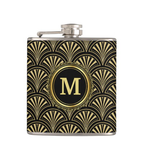 Black and Gold Deco Fans Monogram Hip Flask