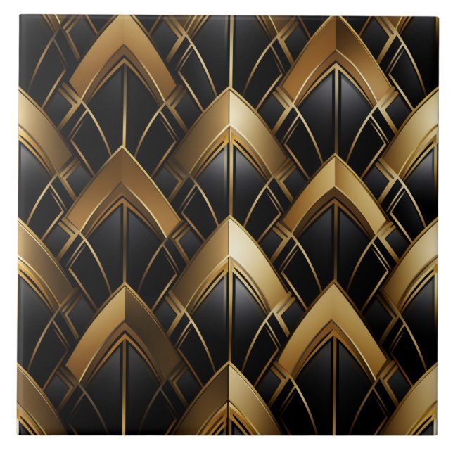 Black and Gold Deco, Zigzags and Lines Ceramic Tile (Front)
