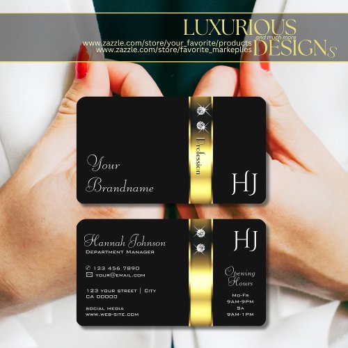 Black and Gold Decor Jewels Monogram Opening Hours Business Card