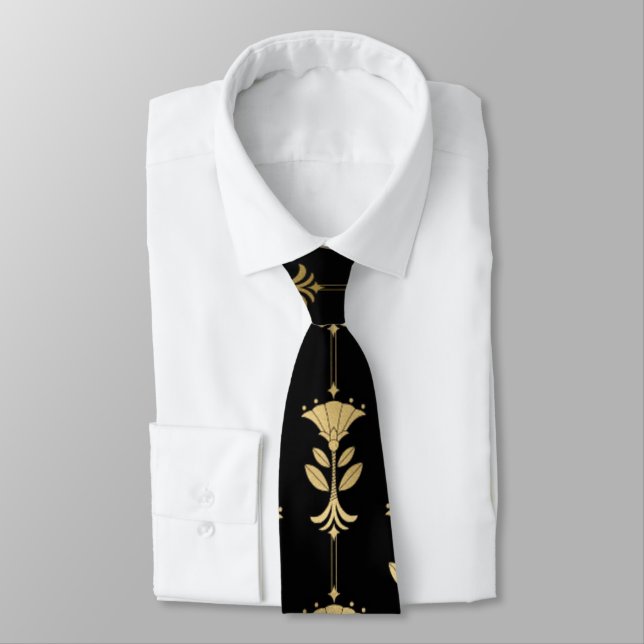 Black and Gold Decor Pattern Neck Tie (Tied)