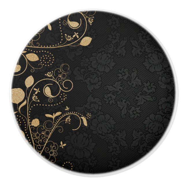 Black and Gold Decorative Pattern Ceramic Knob (Front)