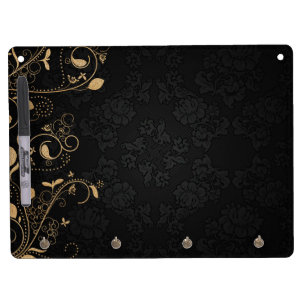 Black and Gold Decorative Pattern Dry Erase Board With Keychain Holder
