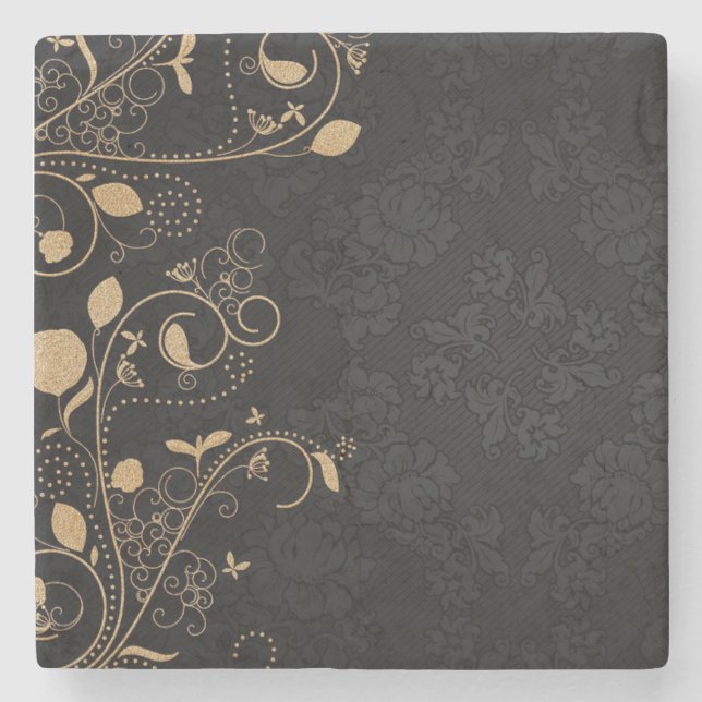 Black and Gold Decorative Pattern Stone Coaster (Front)