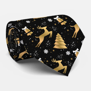 Black and Gold Deer Trees Stars Snowflakes Neck Tie