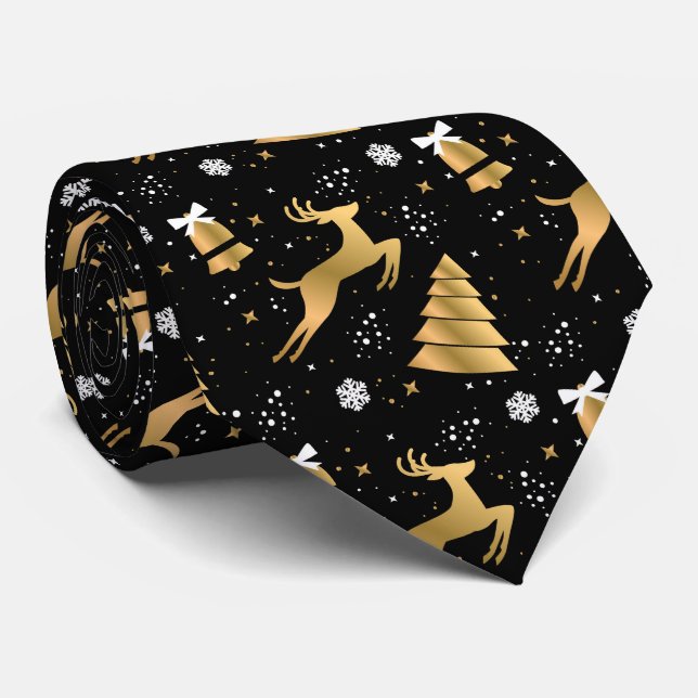 Black and Gold Deer Trees Stars Snowflakes Neck Tie (Rolled)