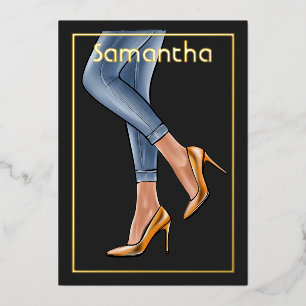 Black and Gold Denim Woman Birthday Party Foil Inv Foil Invitation
