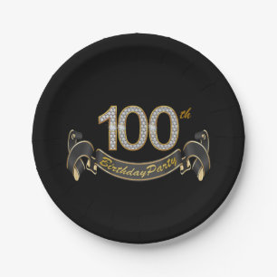 Black and Gold Diamond 100th Birthday Party Paper Plates