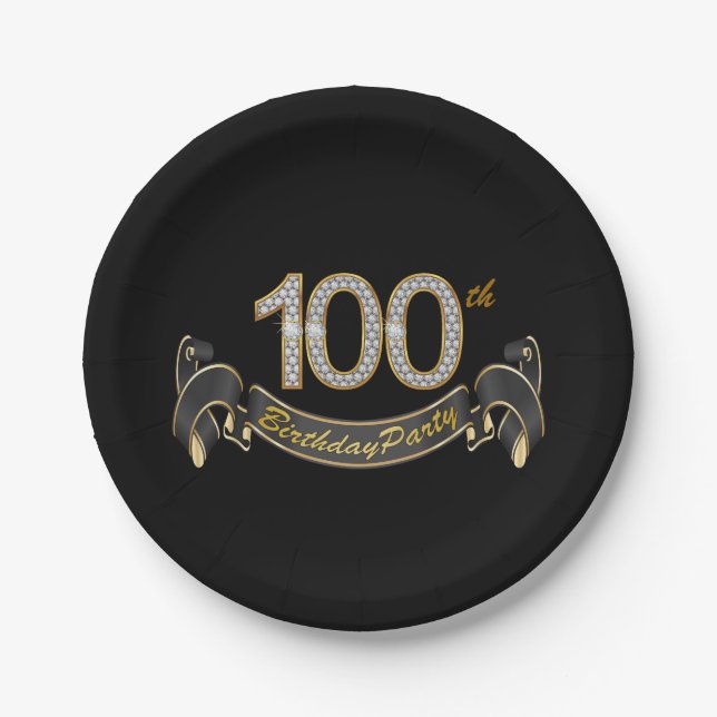 Black and Gold Diamond 100th Birthday Party Paper Plates (Front)