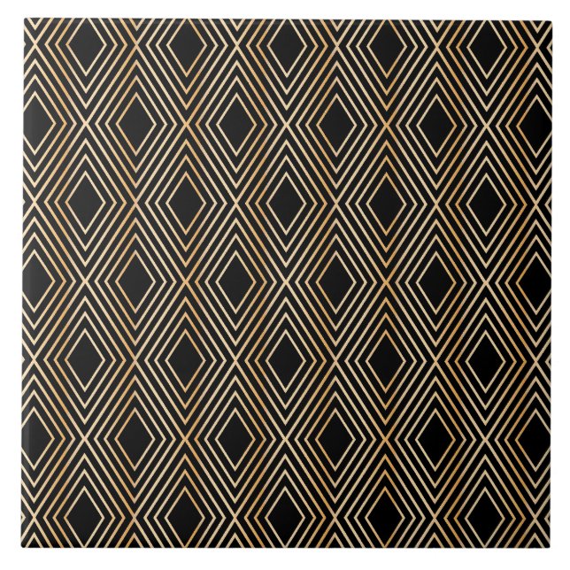 Black and Gold Diamond Pattern Ceramic Tile (Front)