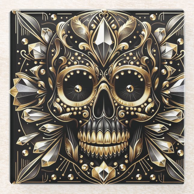 Black and Gold Diamond Skull Coaster (Front)