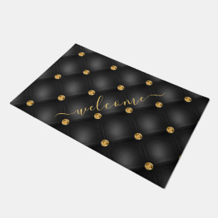Black and Gold Diamond Tufted Doormat Text Welcome