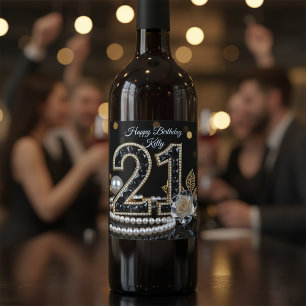 Black and Gold Diamond White Rose 21st Birthday Wine Label