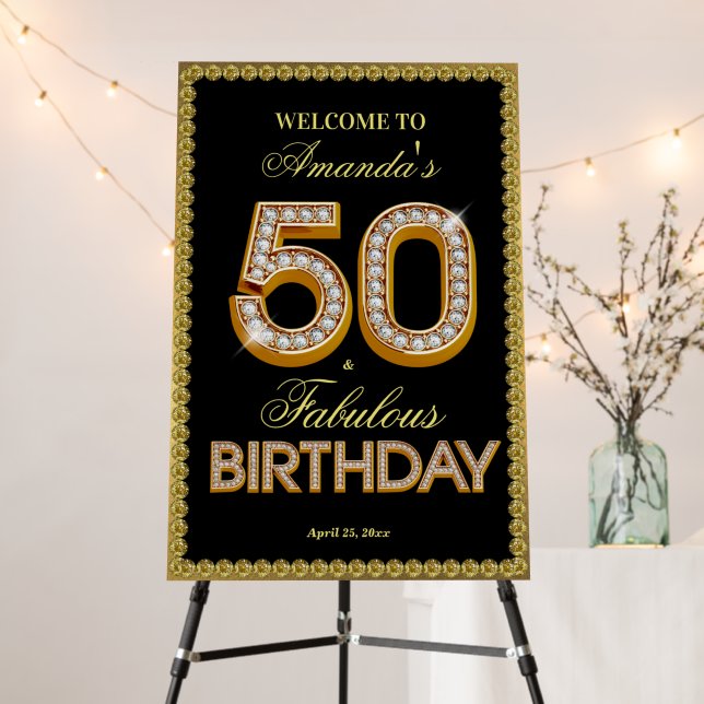 Black and gold diamonds 50th birthday welcome sign (In Situ (Stand))