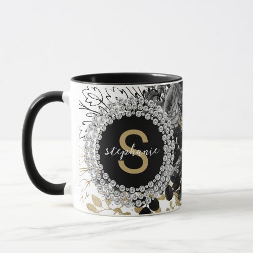 Black and Gold Diamonds Monogram Roses Elegant Mug