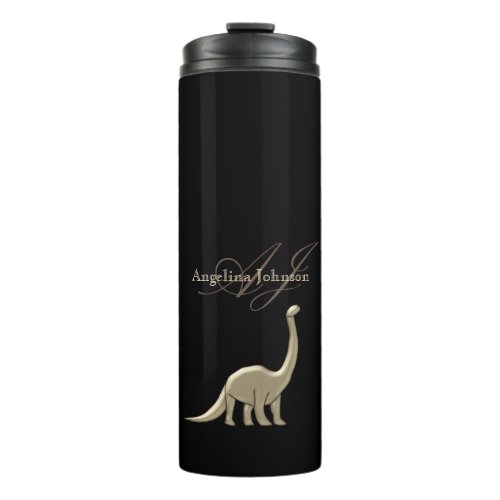 Black and Gold Dinosaur Silhouette Monogram Name Thermal Tumbler