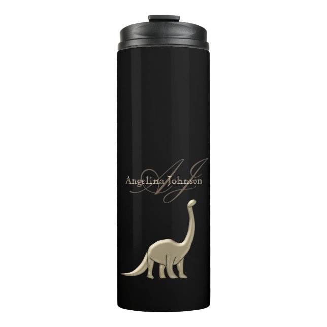 Black and Gold Dinosaur Silhouette Monogram Name Thermal Tumbler (Front)