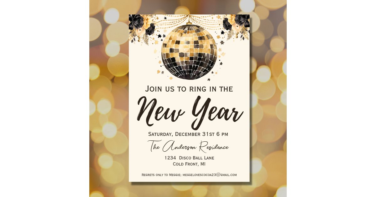 Black and Gold Disco Ball New Year's Eve Party Invitation | Zazzle