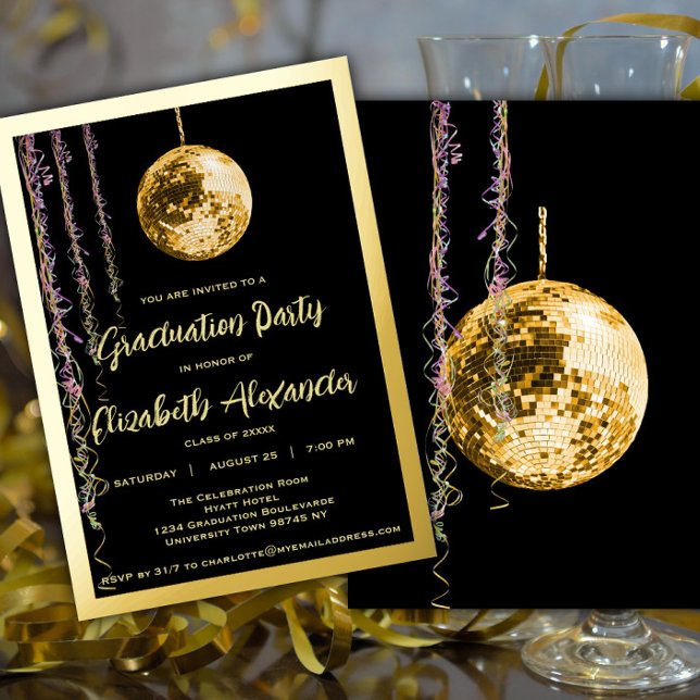 Black and Gold Disco Ball Seventies Graduation Foil Invitation (Creator Uploaded)