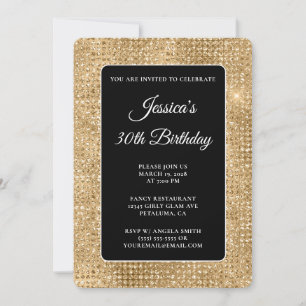Black and Gold Disco Glitter 30th Birthday Invitation