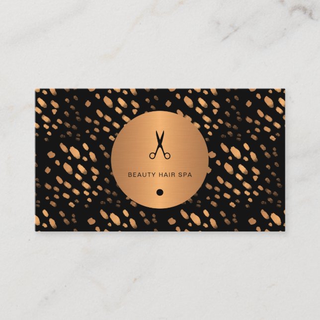 Black and gold dots copper glamorous hair salon business card (Front)