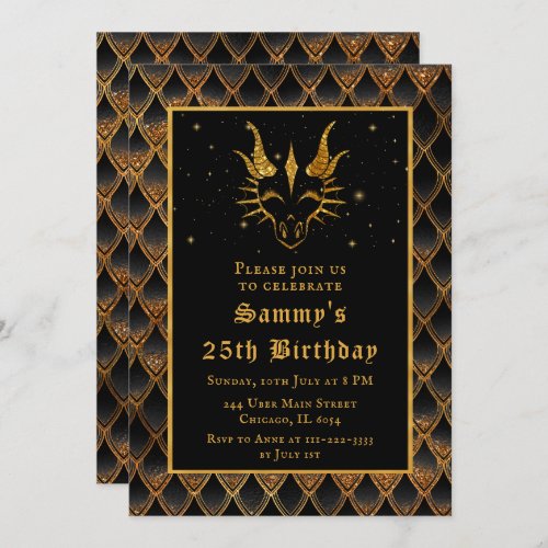 Black and Gold Dragon Scales Faux Glitter Birthday Invitation