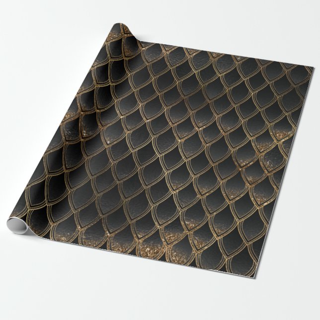 Black and Gold Dragon Scales Wrapping Paper (Unrolled)