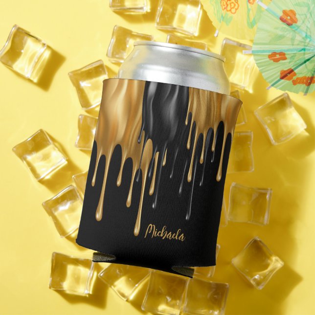Black and Gold Dripping Paint Personalized   Can Cooler (In Situ Summer)