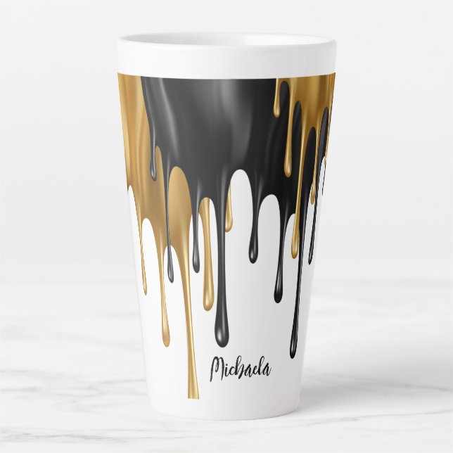 Black and Gold Dripping Paint Personalized Latte Mug (Front)