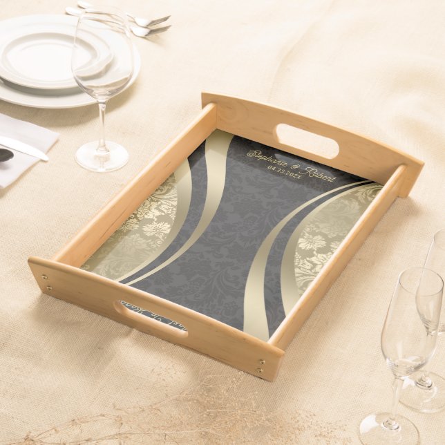 Black And Gold Dynamic Geometric Damasks  Serving Tray (Front)