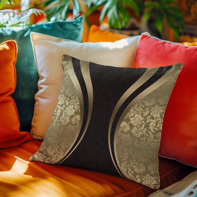 Black and Gold Dynamic Stripes Damasks Throw Pillow (Creator Uploaded)