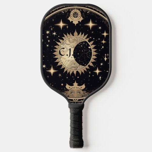 Black and Gold Eerie Gothic Sun Moon Monogram  Pickleball Paddle