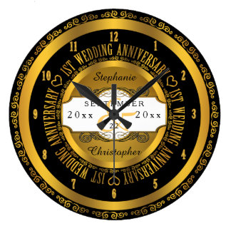 Black and Gold Elegant 1st Wedding Anniversary Large Clock