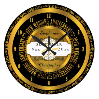 Black and Gold Elegant 30th Wedding Anniversary Large Clock