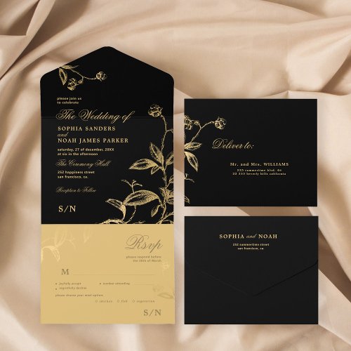 Black and gold elegant botanical wedding all in one invitation