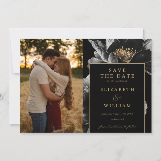 Black And Gold Elegant Chic Floral Photo Wedding Save The Date (Front)