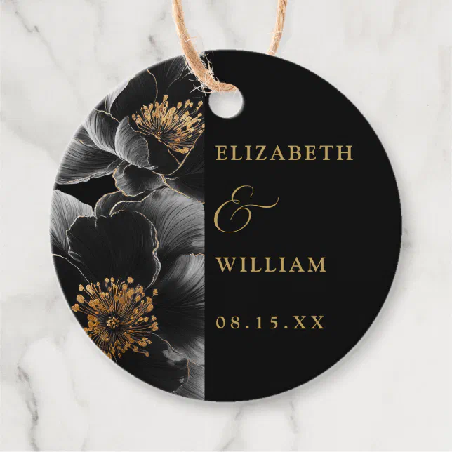Black And Gold Elegant Chic Floral Wedding Favor Tags | Zazzle