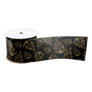 Black and Gold Elegant Christmas Trees Satin Ribbon