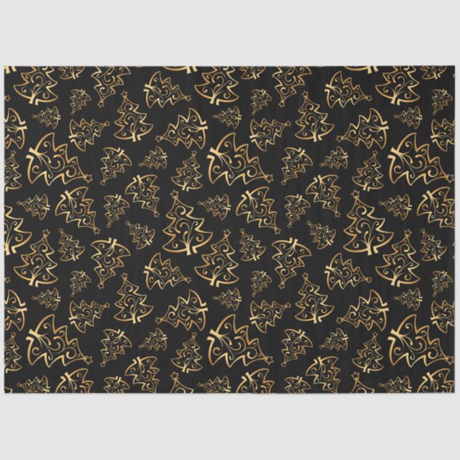 Black and Gold Elegant Christmas Trees Tissue Paper (Front)