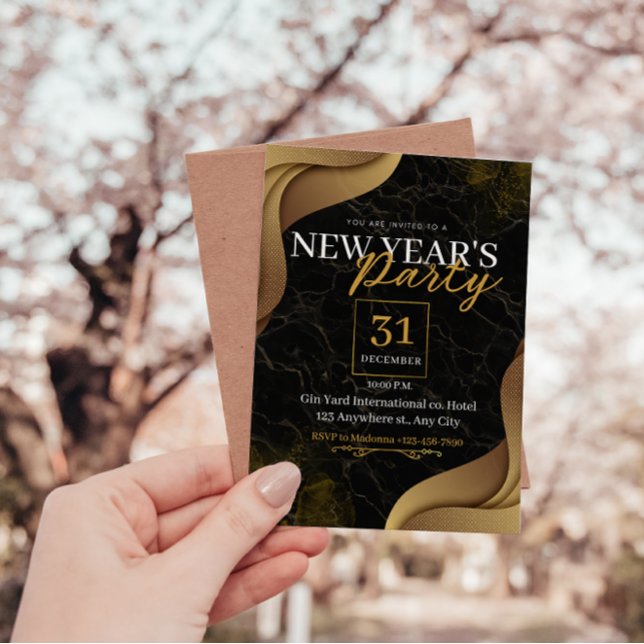 BLACK AND GOLD ELEGANT CUSTOM NEW YEAR`S PARTY INVITATION (Elegant gold and black new year party invitations)