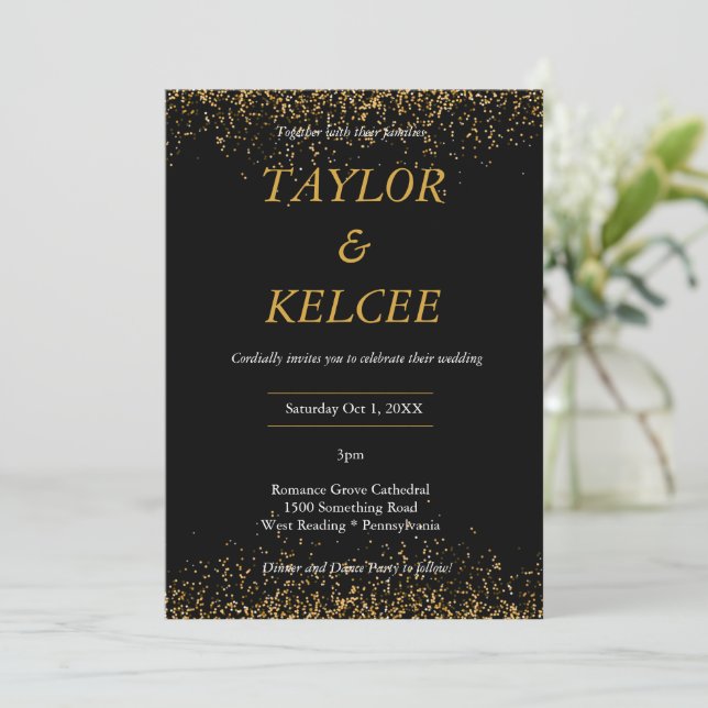 Black and Gold Elegant CUSTOMIZABLE Wedding Invitation (Standing Front)