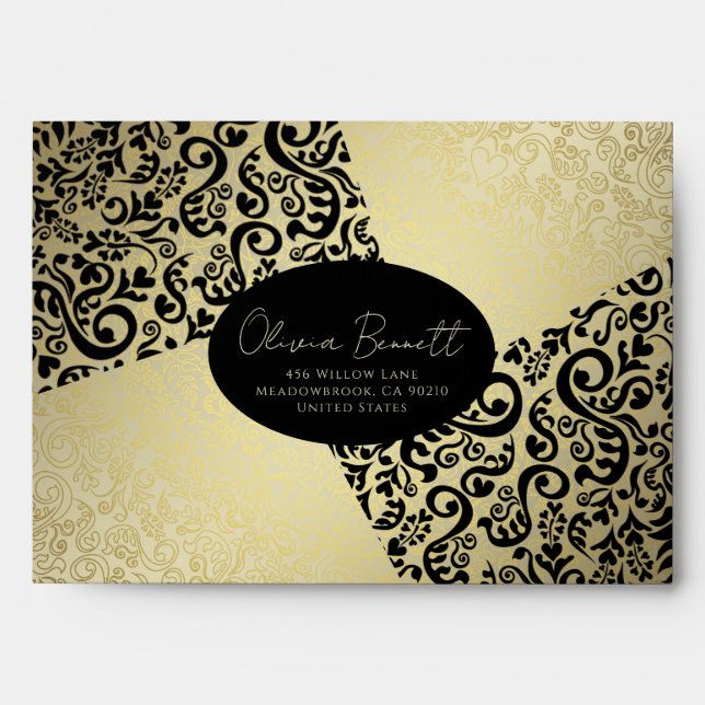 Black and Gold Elegant Damask Pattern Envelope (Front)