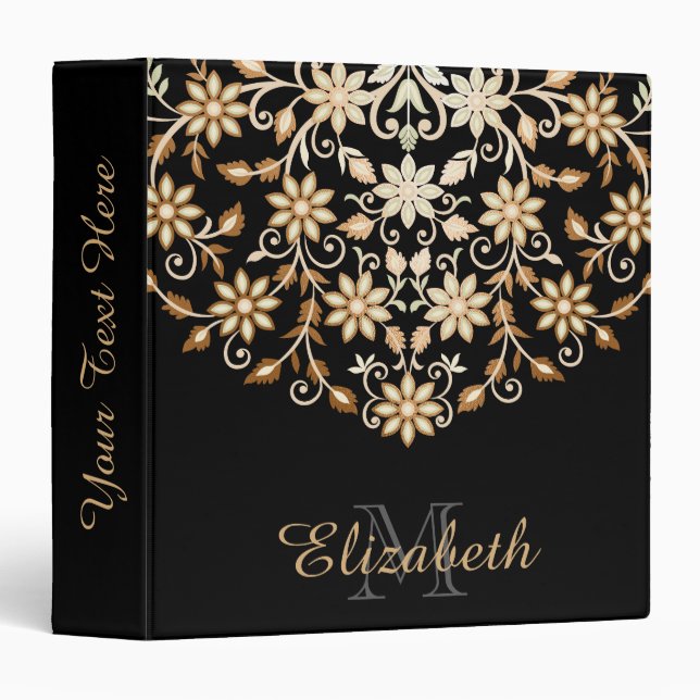 Black and Gold Elegant Floral 3 Ring Binder (Front/Spine)