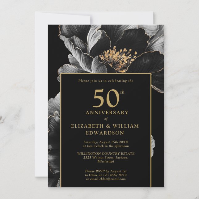 Black And Gold Elegant Floral 50th Anniversary Invitation (Front)