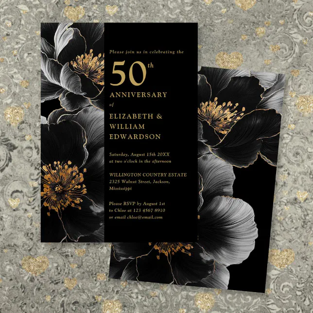 Black And Gold Elegant Floral 50th Anniversary Invitation | Zazzle