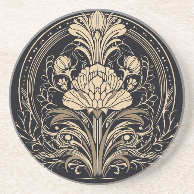 Black and Gold Elegant Floral Art Deco Coaster (Front)